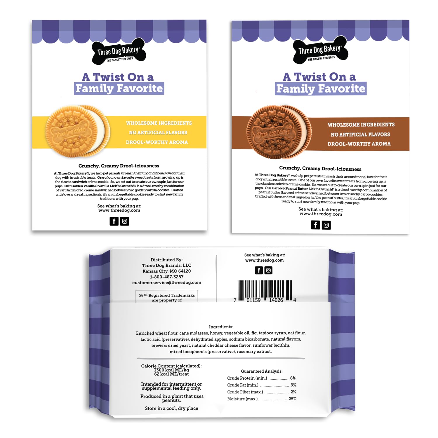 Three Dog Bakery biscuit caroube crouissant, saveur naturelle, option plaisir varié.