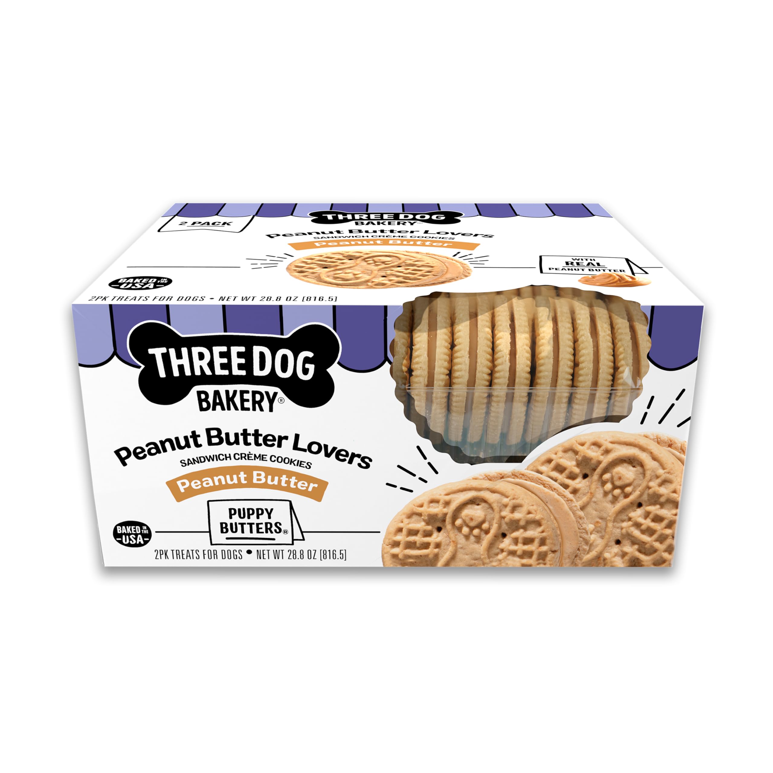 Three Dog Bakery biscuits sandwich au beurre de cacahuète, friandise croustillante pour chien