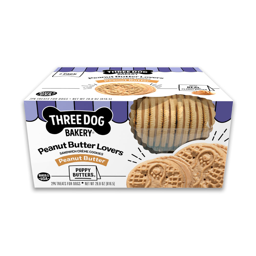Three Dog Bakery biscuits sandwich au beurre de cacahuète, friandise croustillante pour chien