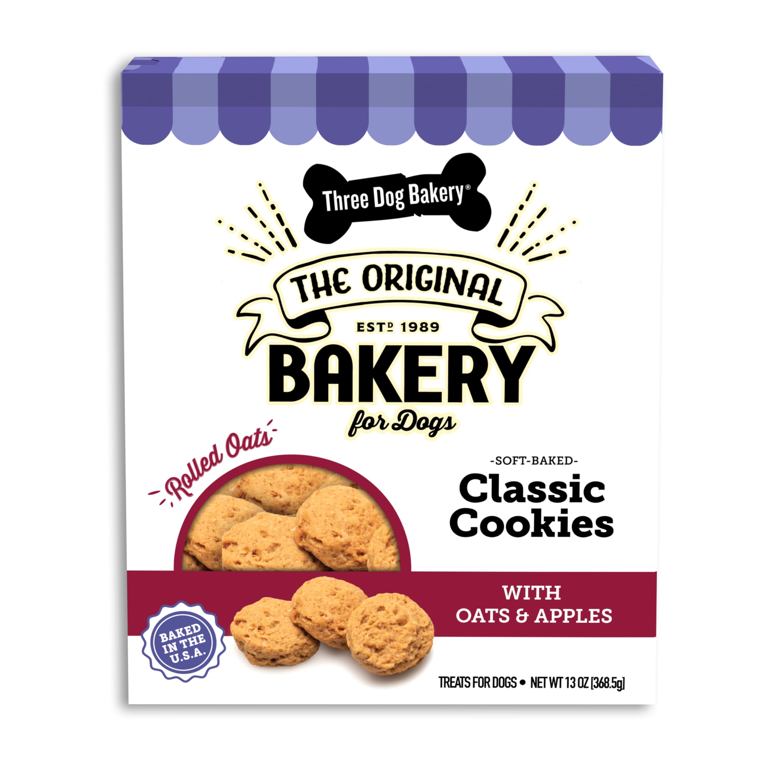 Three Dog Bakery biscuits moelleux avoine-pomme, récompense savoureuse et facile à mâcher.