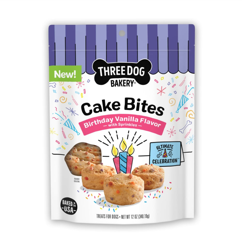Three Dog Bakery Bites Gateau Anniversaire: texture moelleuse et saveurs festives.