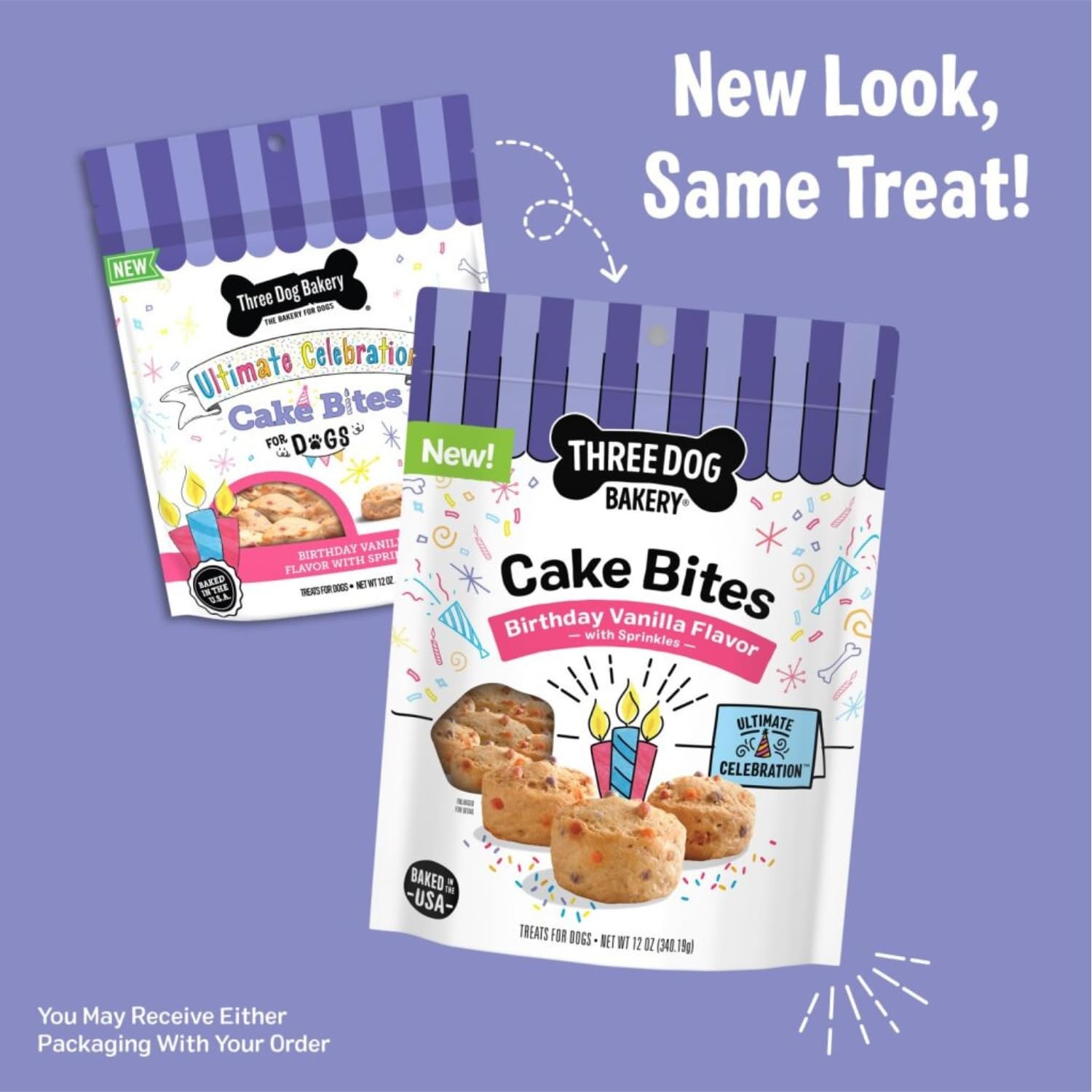 Three Dog Bakery Bites Paillettes Colorées: bouchée attrayante et sans colorants artificiels.