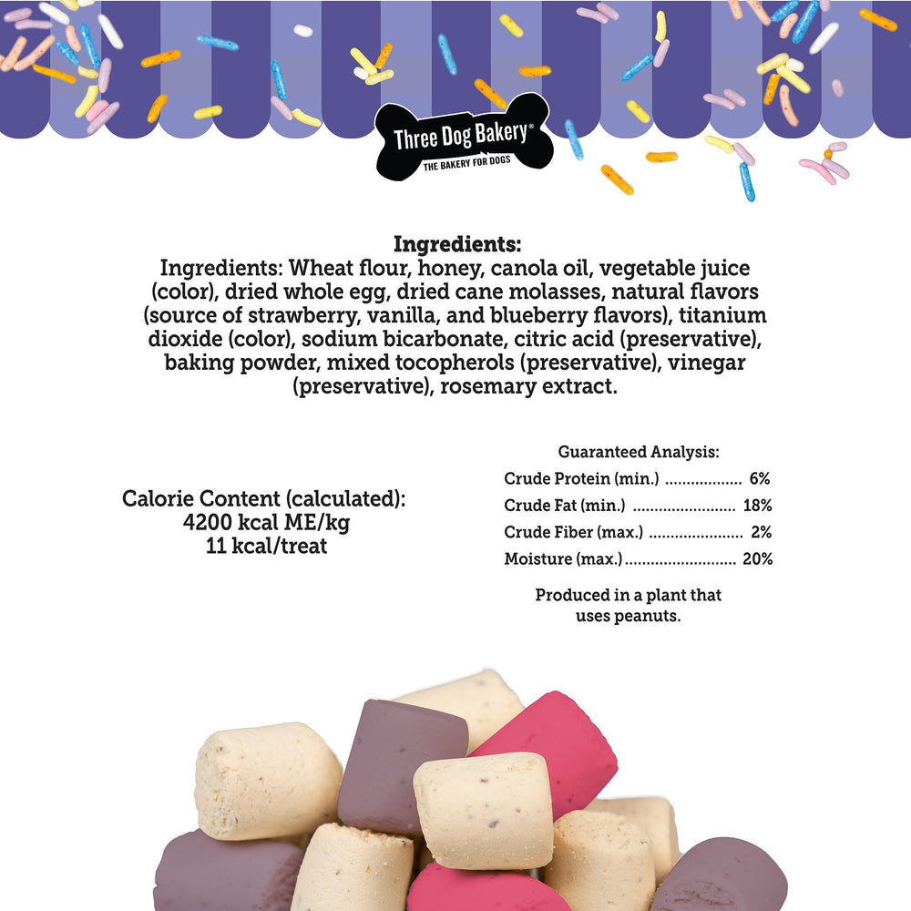 Three Dog Bakery Celebration Confetti – emballage coloré et bouchées faciles à partager lors d'une fête.