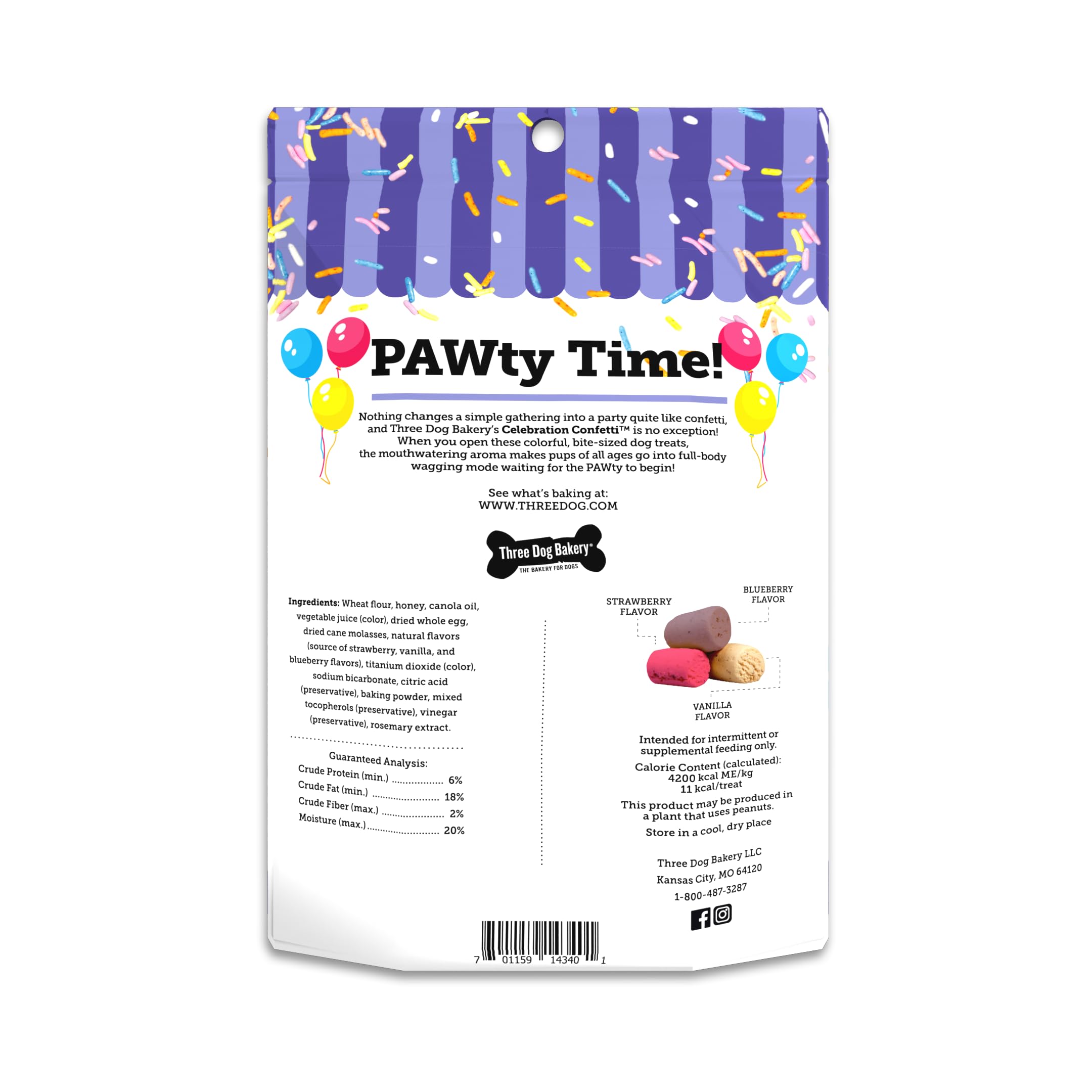 Three Dog Bakery Celebration Confetti – vue rapprochée des petites bouchées colorées pour récompenser votre chien.