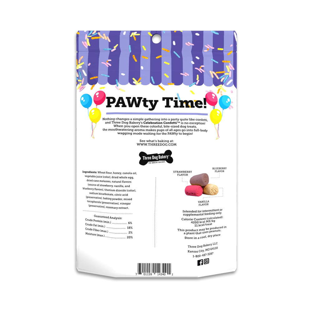 Three Dog Bakery Celebration Confetti – vue rapprochée des petites bouchées colorées pour récompenser votre chien.