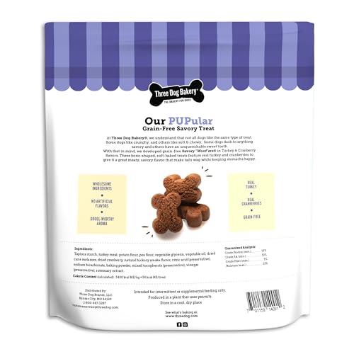 Three Dog Bakery friandises moelleuses sans céréales, emballage hermétique pour garder la fraîcheur.