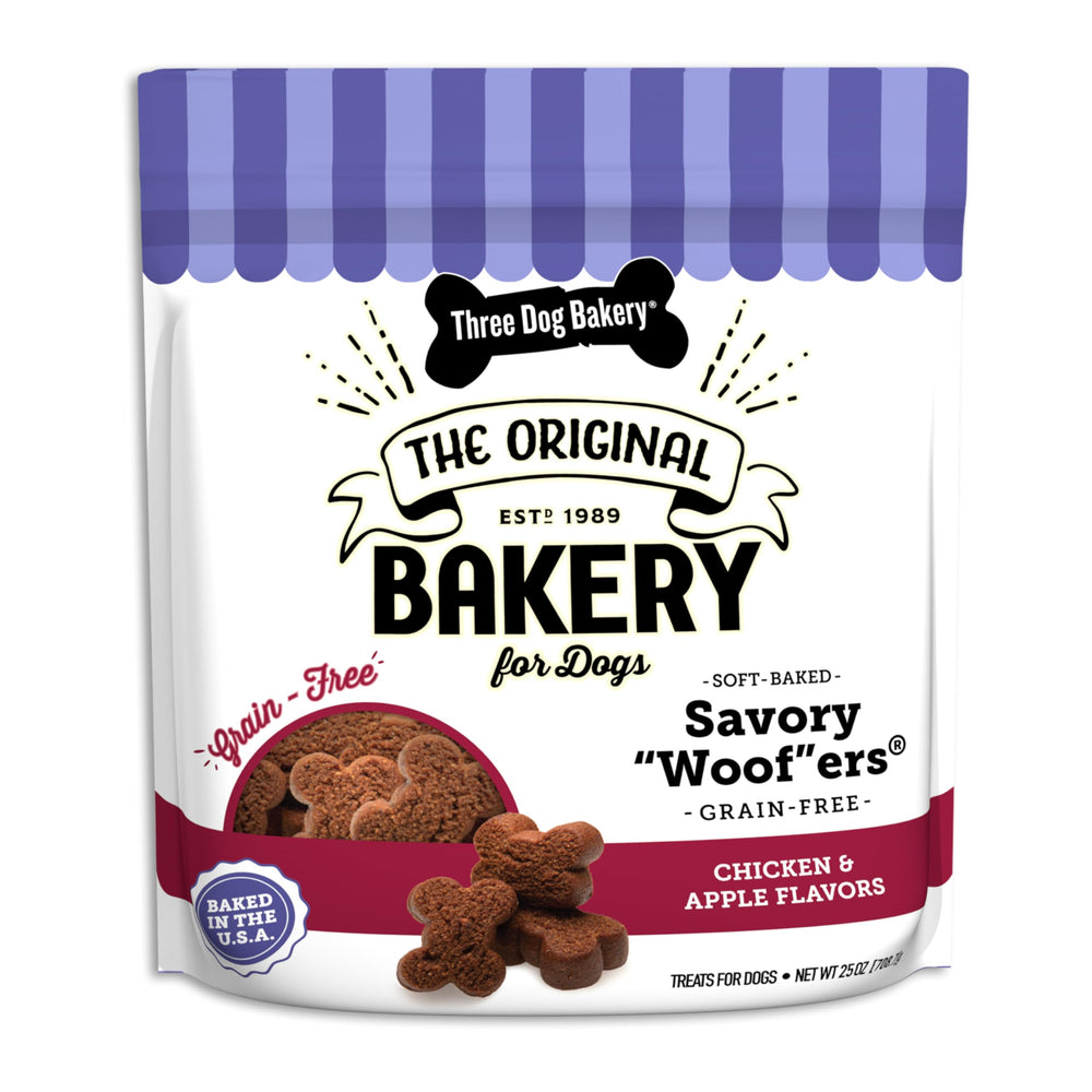 Three Dog Bakery emballage grain-free poulet-pomme, récompense pratique pour chien.