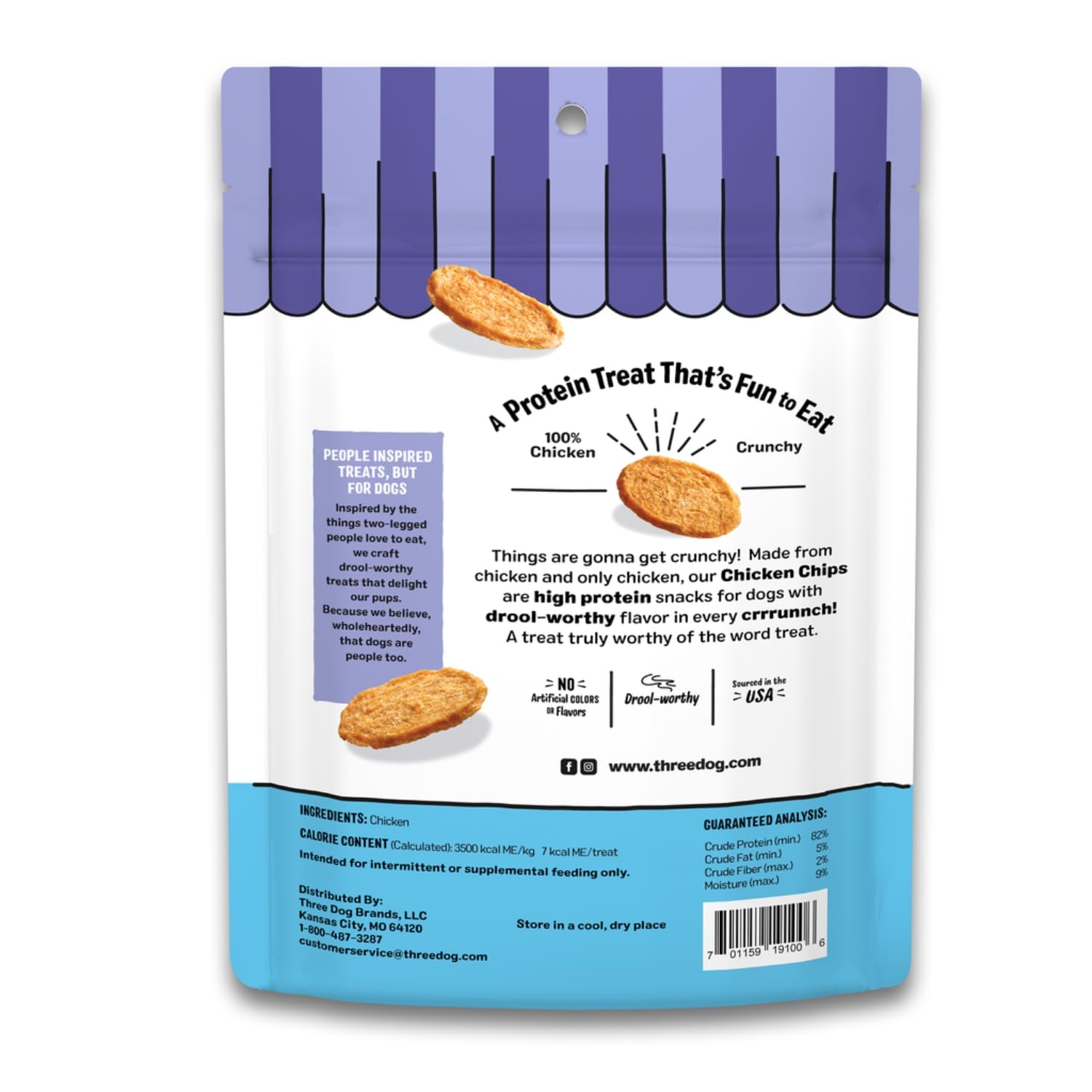 Three Dog Bakery Bark'n Crunch! haute protéine au poulet, 82% protéines.