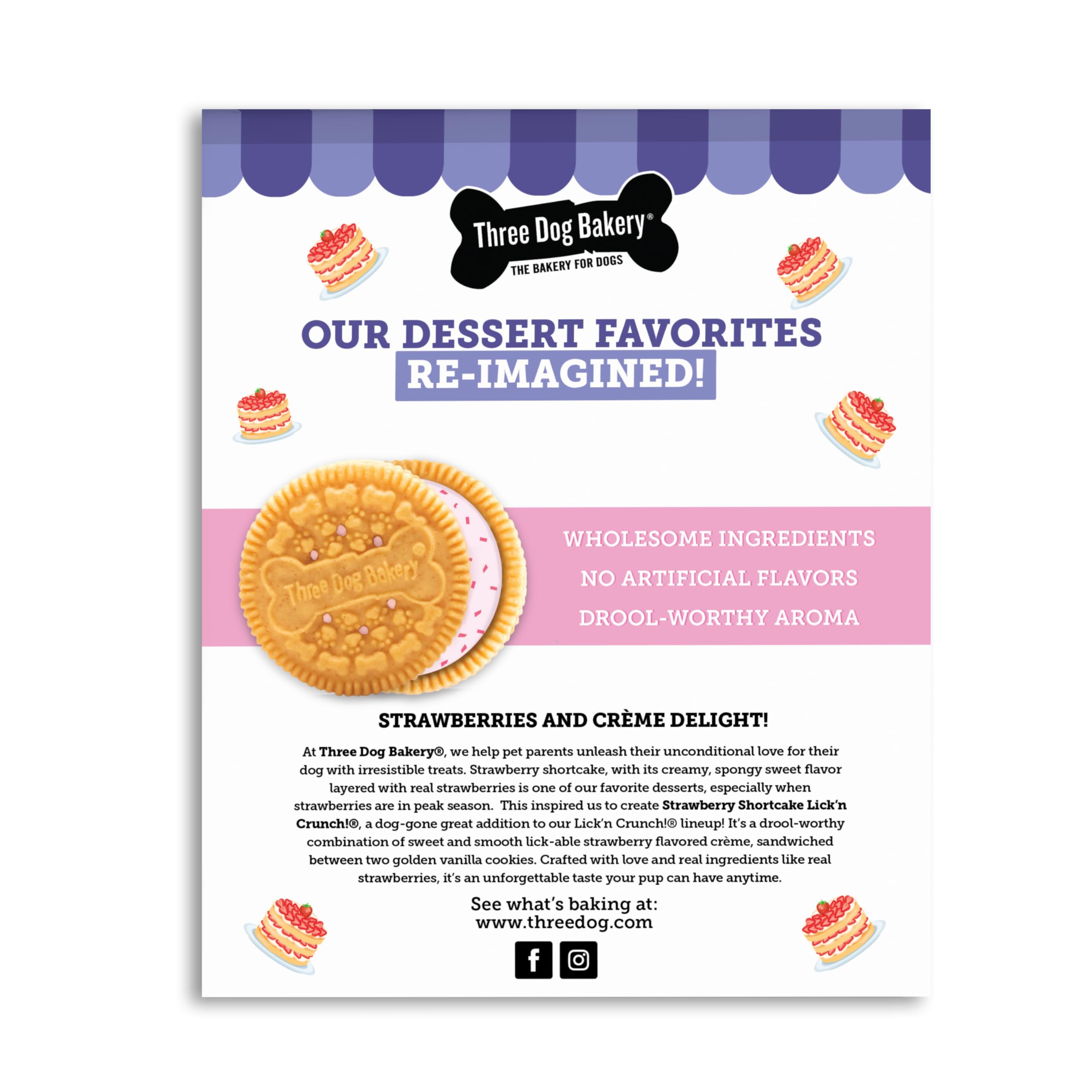 Three Dog Bakery Lick’n Crunch – biscuits sandwich fraise-vanille, texture croquante pour chien