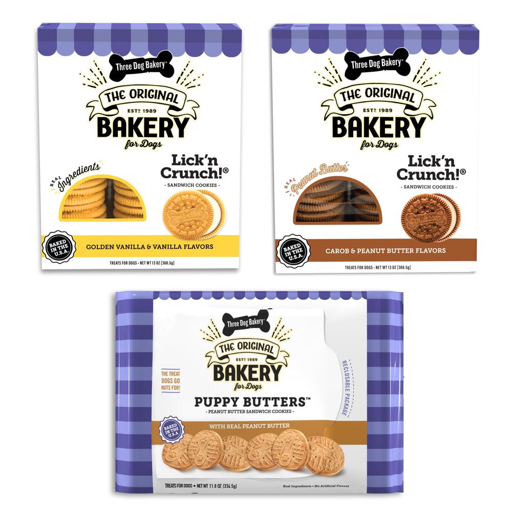 Three Dog Bakery Lick'n Crunch emballage réutilisable pour garder les friandises fraîches.