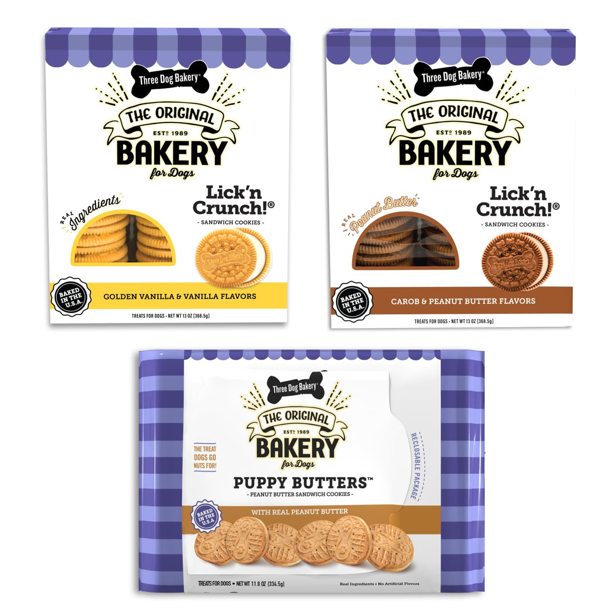 Three Dog Bakery Lick'n Crunch emballage réutilisable pour garder les friandises fraîches.