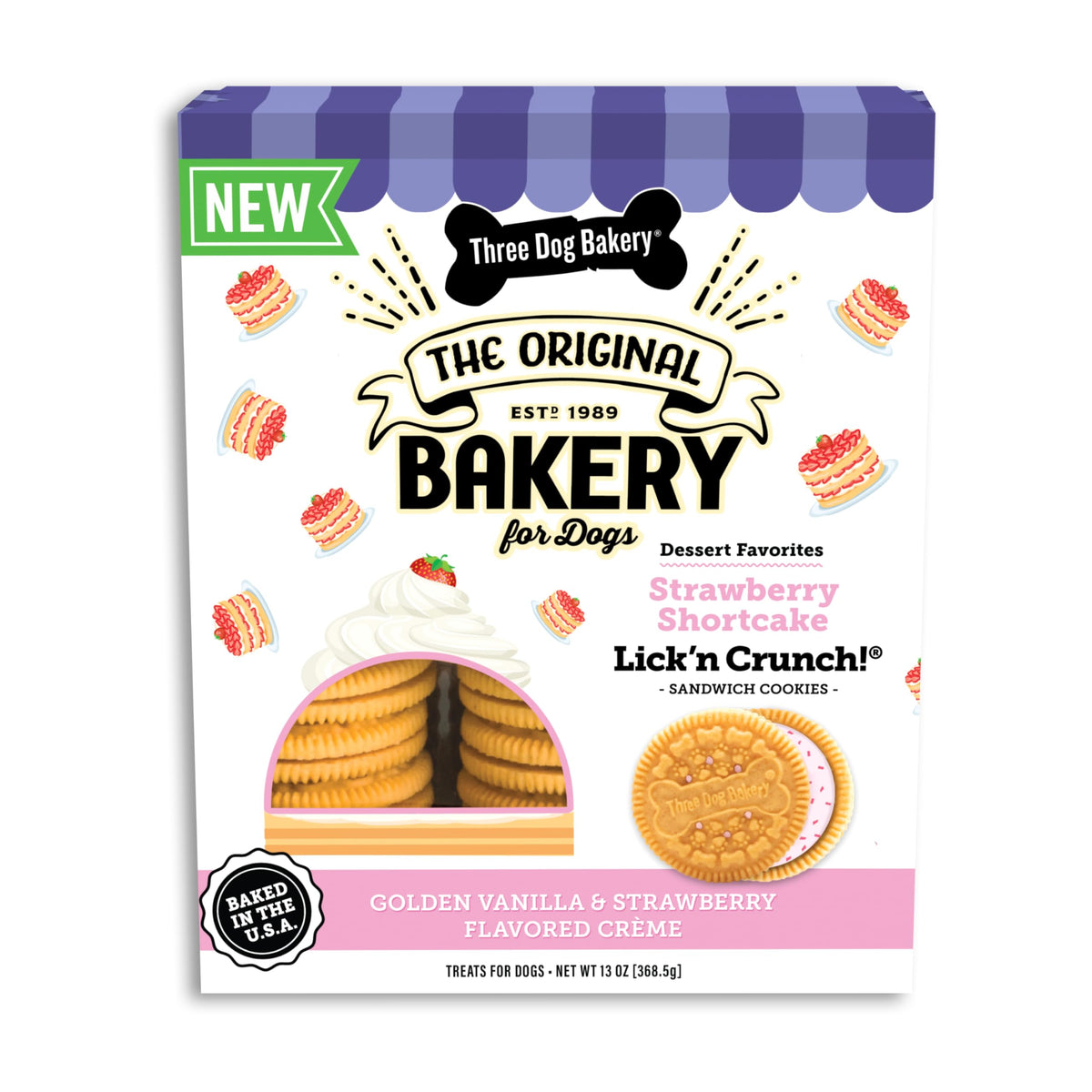 Three Dog Bakery Lick’n Crunch – sachet fraise-vanille, récompense savoureuse pour chien