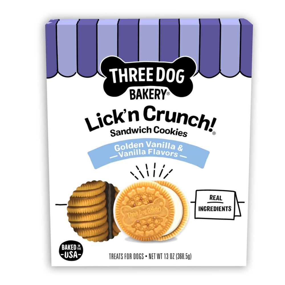 Three Dog Bakery Lick'n Crunch – Biscuit doré vanille, récompense savoureuse pour chien.