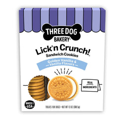 Three Dog Bakery Lick'n Crunch – Biscuit doré vanille, récompense savoureuse pour chien.