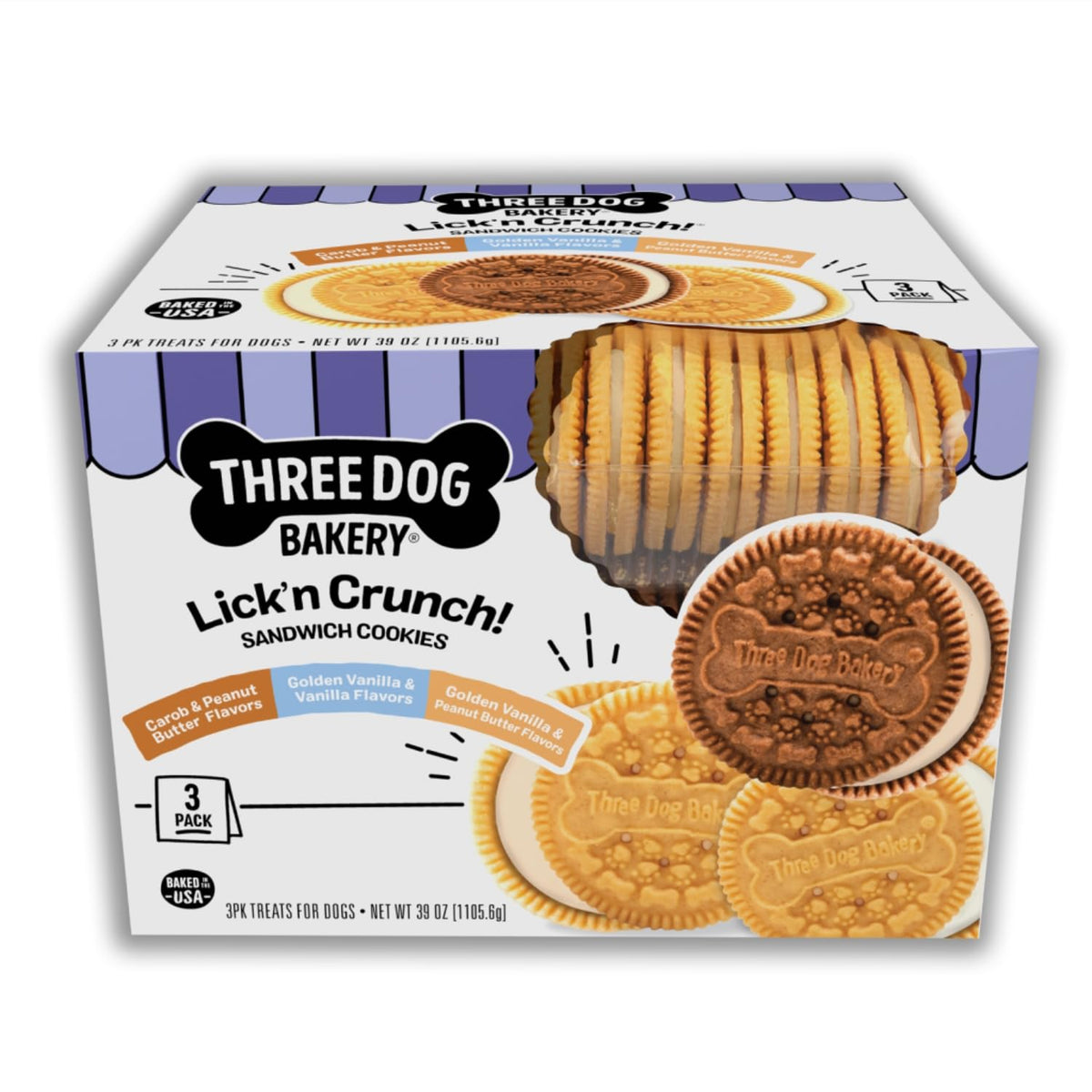 Three Dog Bakery Lick'n Crunch: biscuit sandwich croustillant, récompense pour l’entraînement.