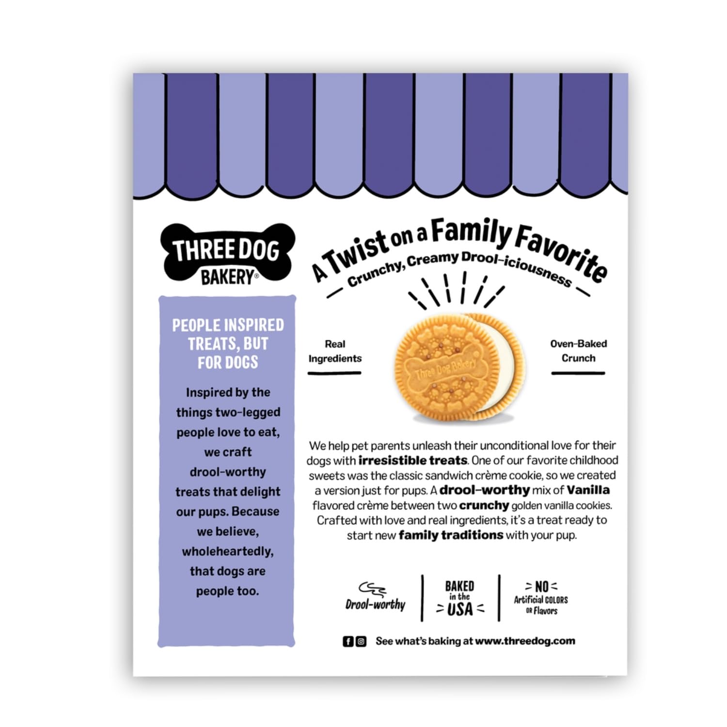 Three Dog Bakery Lick'n Crunch – Crème vanille, garniture crémeuse pour friandise canine.