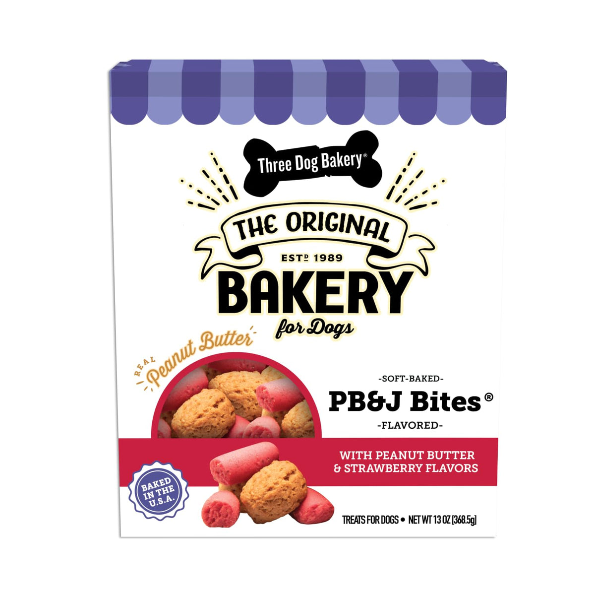 Three Dog Bakery PB&J Bites – emballage attrayant, idéal pour l'achat et la dégustation.