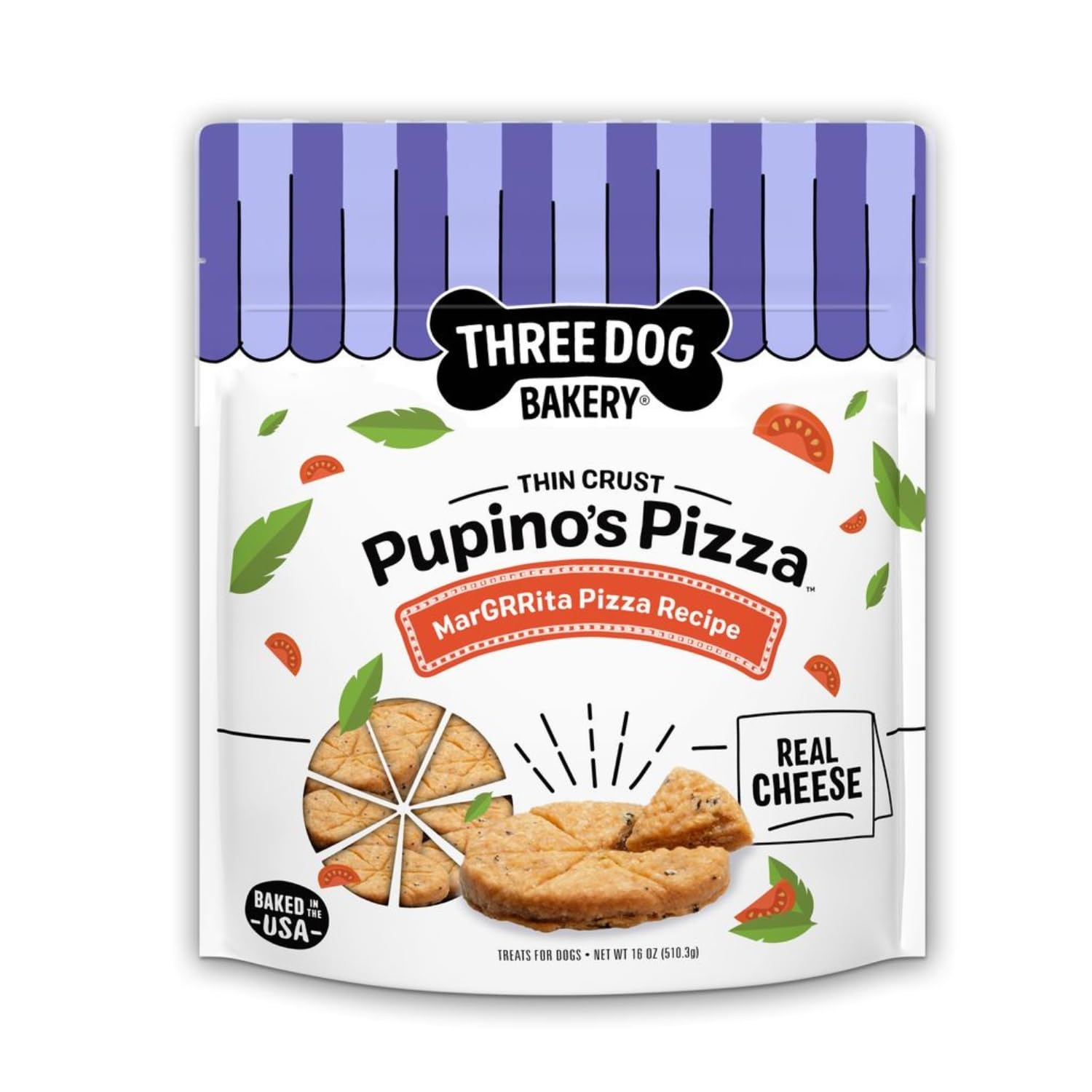 Three Dog Bakery Pupino’s Pizza Cookies emballage montre une friandise prête à partager et gourmande.