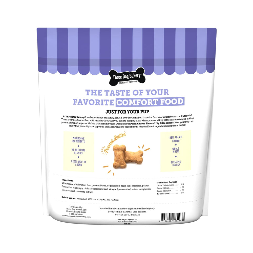 Friandises Itty Bitty Bones Three Dog Bakery pour l'entraînement, goût beurre d'arachide apprécié.