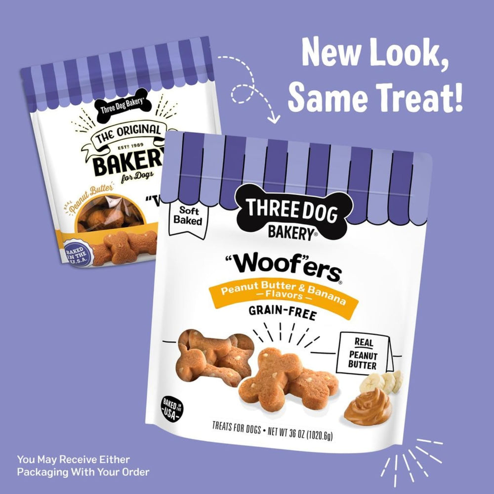 Three Dog Bakery Woofers avec du beurre de cacahuète réel et banane naturelle.