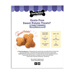 Three Dog Bakery Woofers patate douce sans céréales, idéale pour estomacs sensibles.