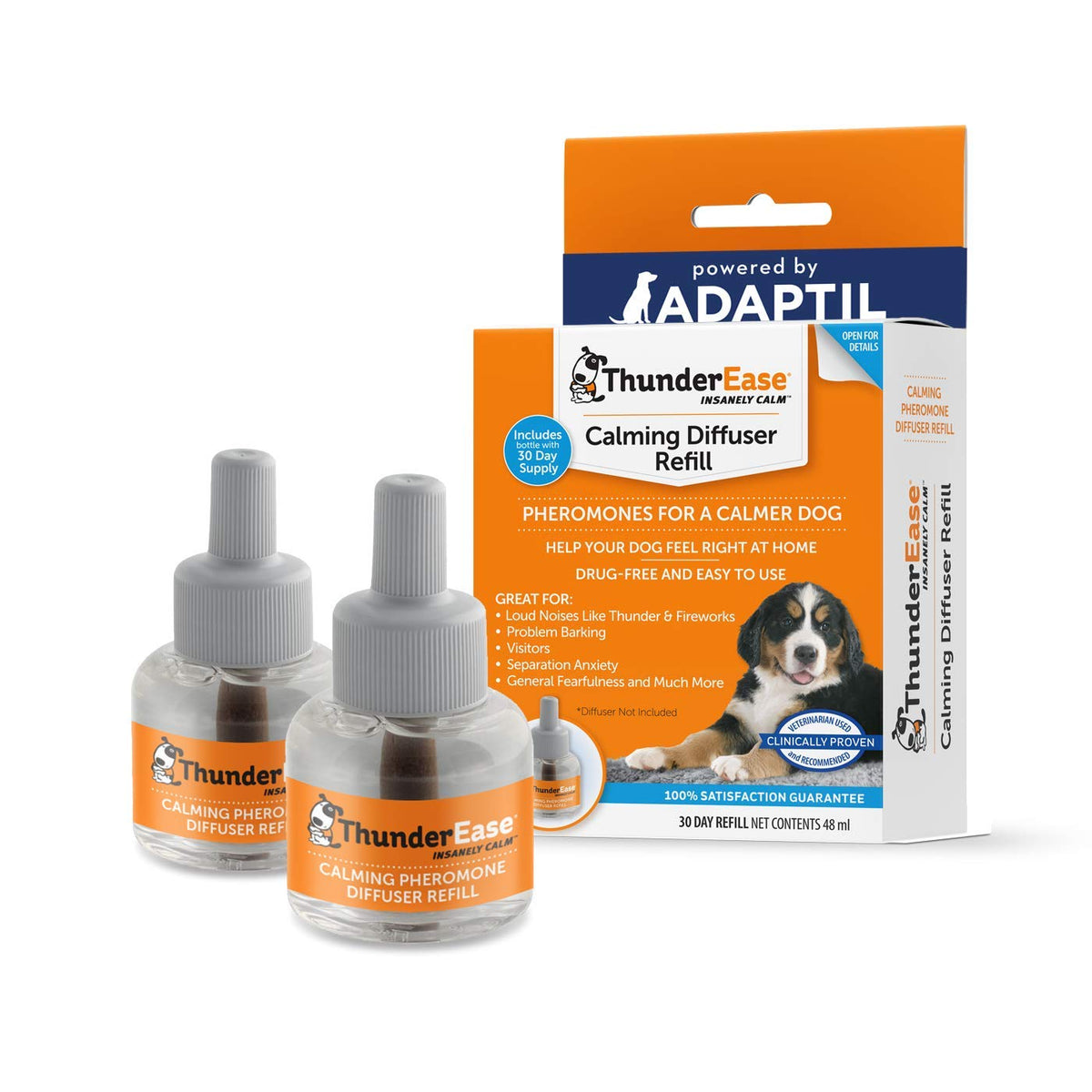 ThunderEase diffuseur-pheromone-pour-chiens : apaise pendant orages et feux d'artifice.