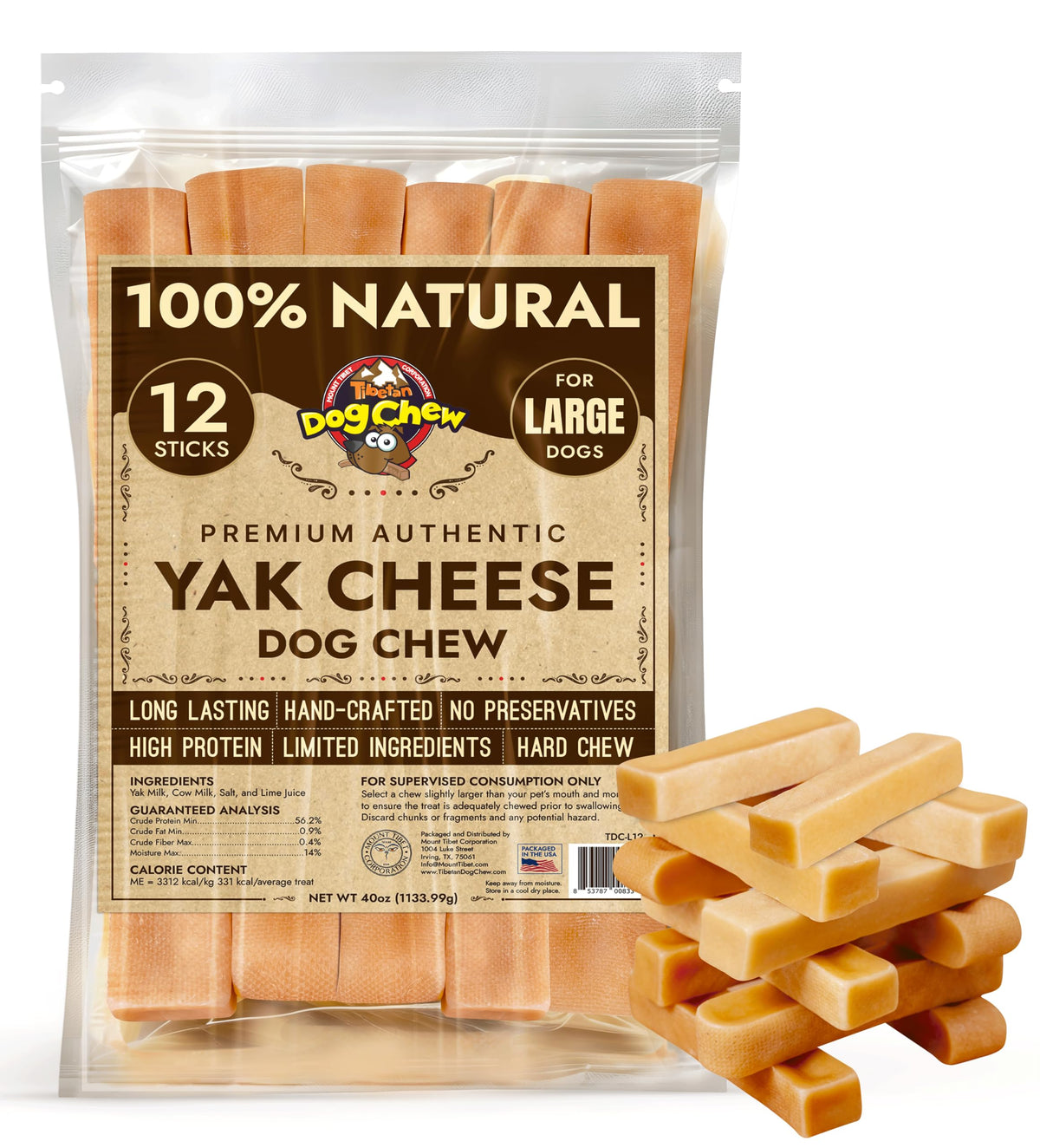 Tibetan Dog Chew tiges-fromage-yak – idéale pour chiens forts et mastiqueurs.