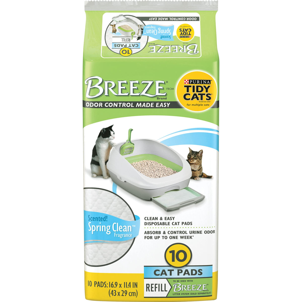 Tidy Cats Breeze tampons absorbants pour bac à litière, emballage pratique, installation facile.