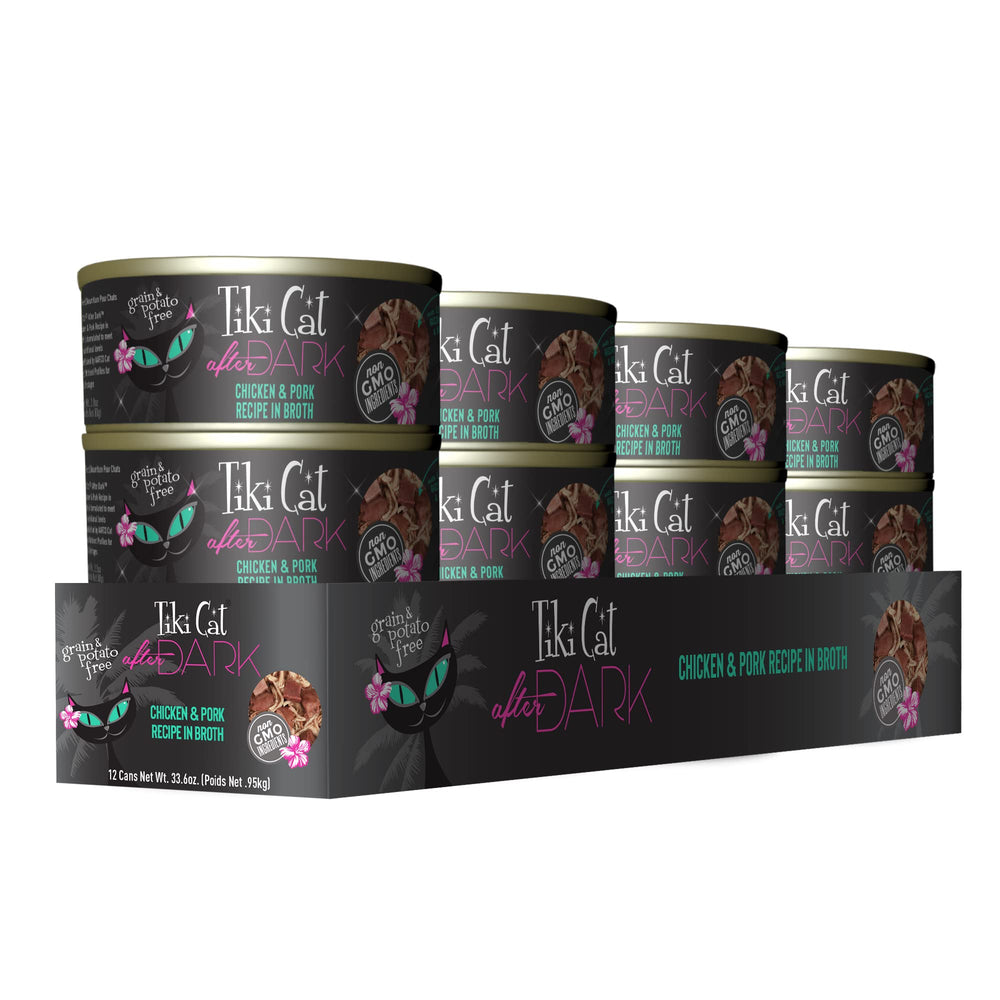 Tiki Cat After Dark bouillon savoureux avec poulet et porc pour hydratation et goût.