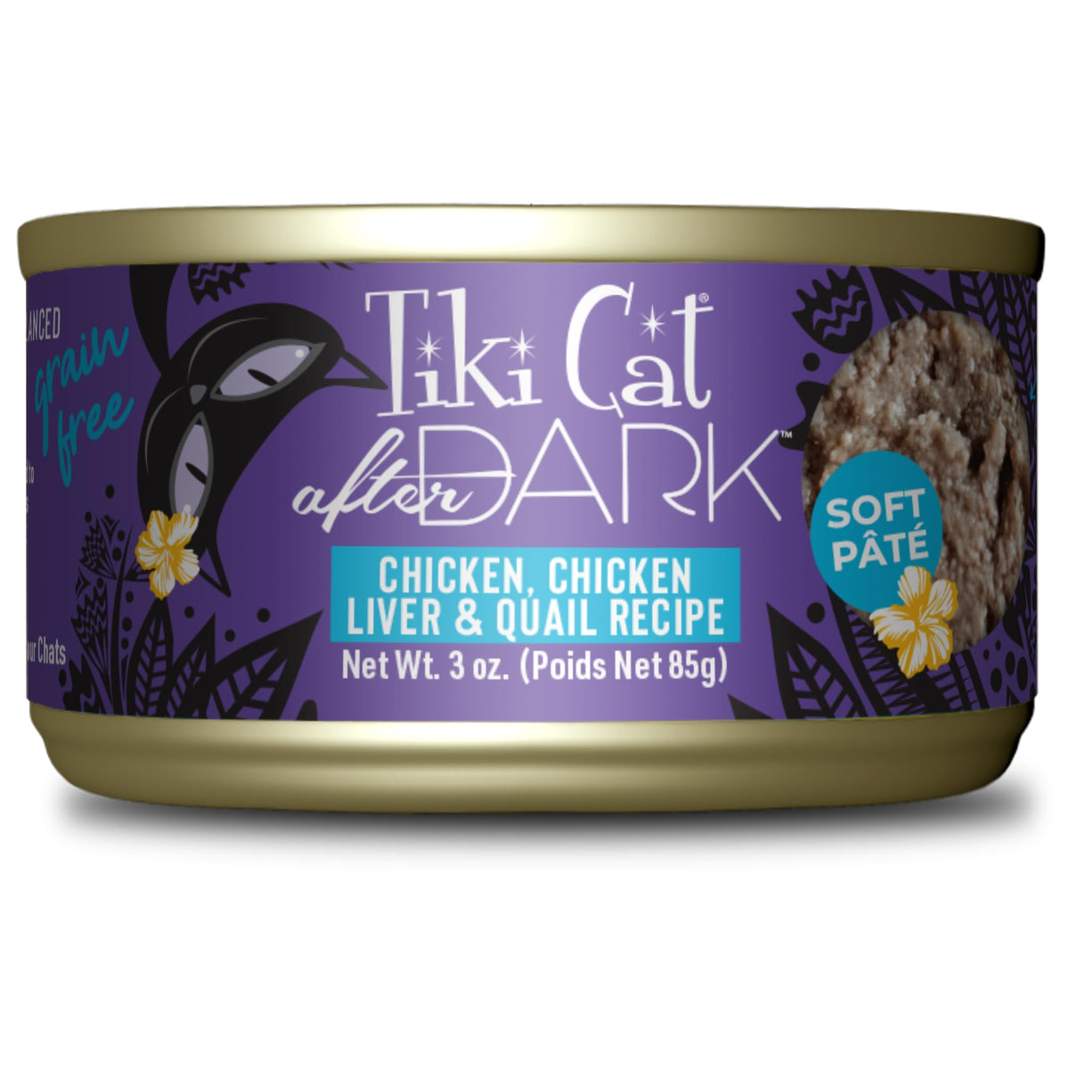 Boîte ouverte de Tiki Cat After Dark Pâté pour chat adulte, texture gourmande.