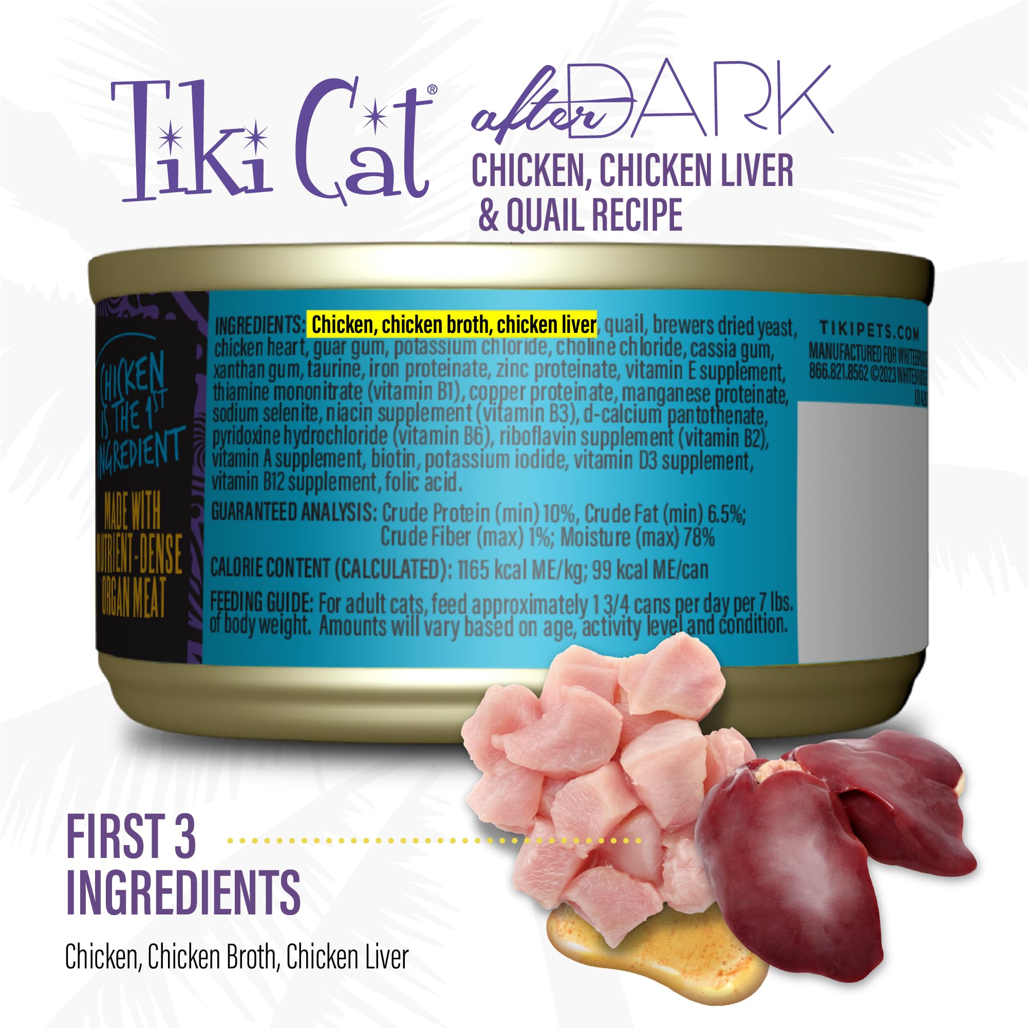 Premier ingrédient poulet dans Tiki Cat After Dark, goût riche et protéiné.