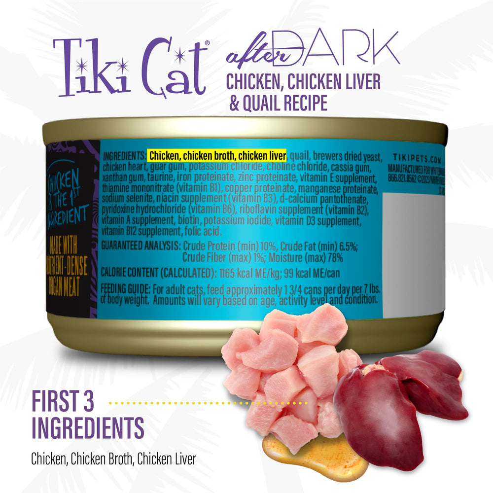 Premier ingrédient poulet dans Tiki Cat After Dark, goût riche et protéiné.