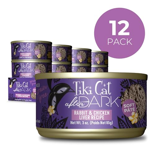 Tiki Cat After Dark Pâté haute-protéine avec lapin et foie comme ingrédients principaux.