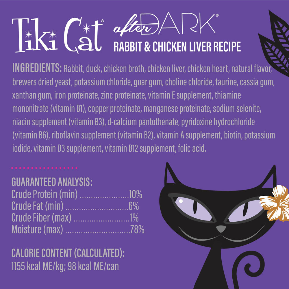 Nourriture humide Tiki Cat After Dark pour chats adultes, ingrédients non-GMO.