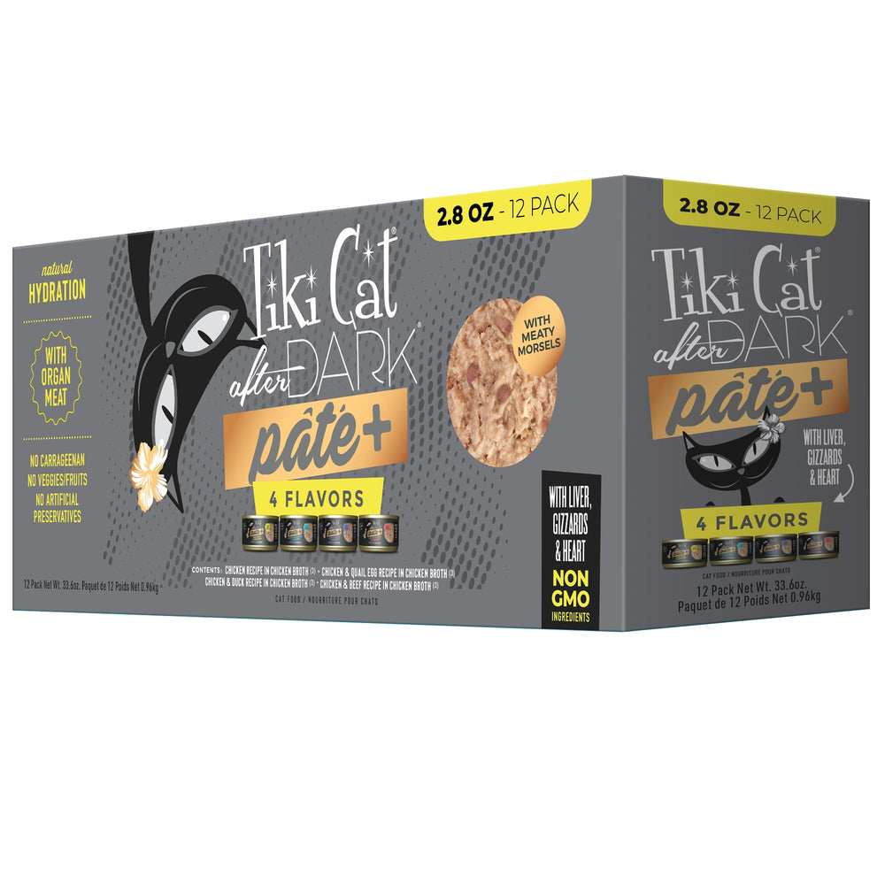 Tiki Cat After Dark Pâté+ – boîte 2,8 oz, texture douce pour chats difficiles.