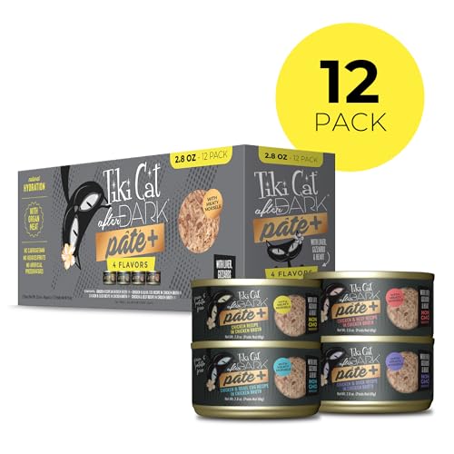 Tiki Cat After Dark Pâté+ – boîtes 2,8 oz, saveurs variées pour chats gourmands.