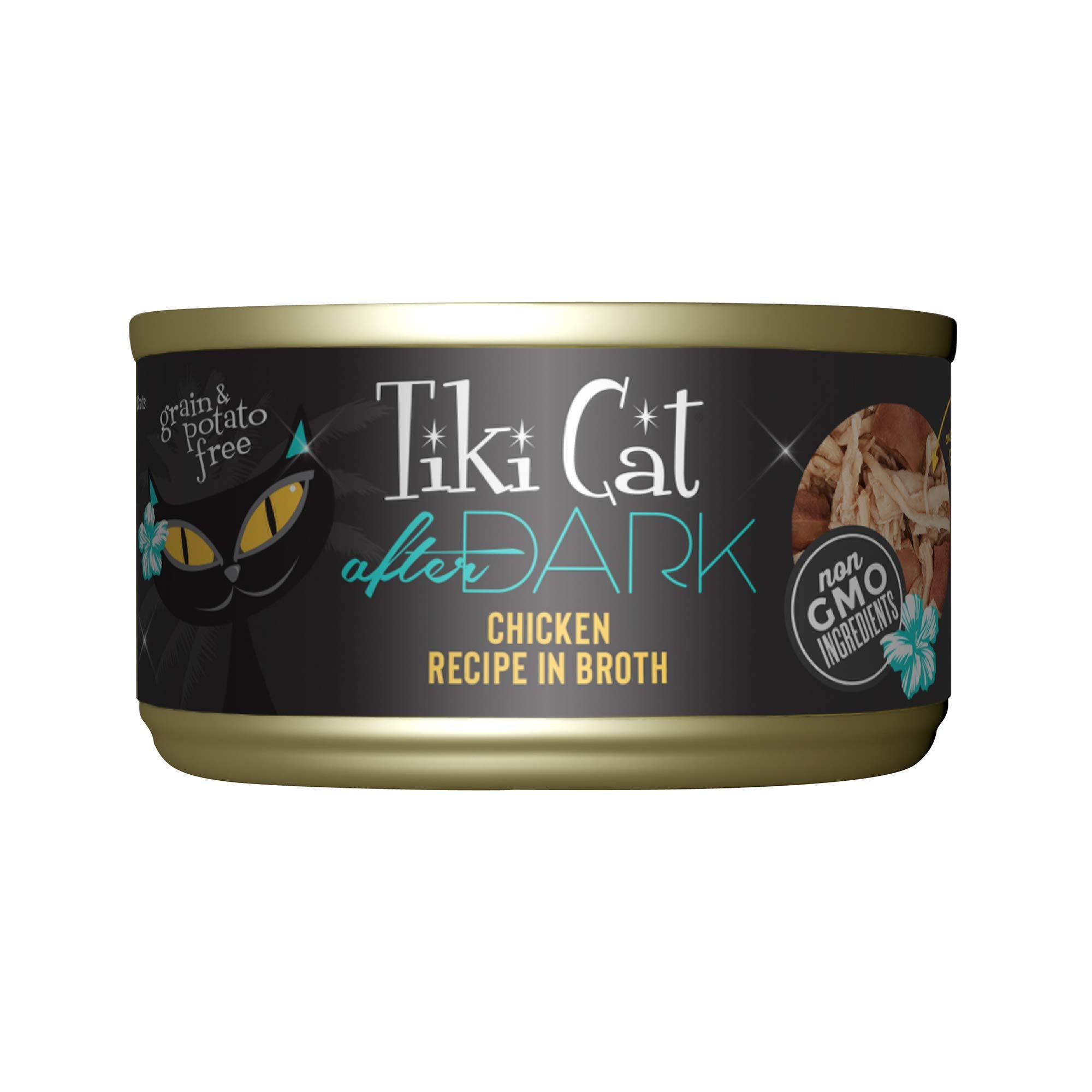 Tiki Cat After Dark: poulet effiloché dans bouillon savoureux, hydratation quotidienne possible.