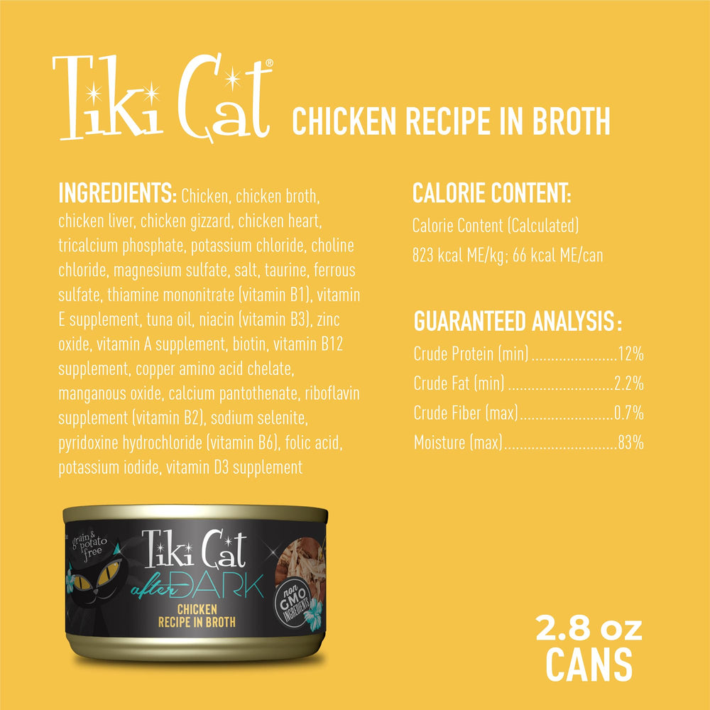 Tiki Cat After Dark: morceaux de poulet dans bouillon, aide à l'hydratation et appétence.