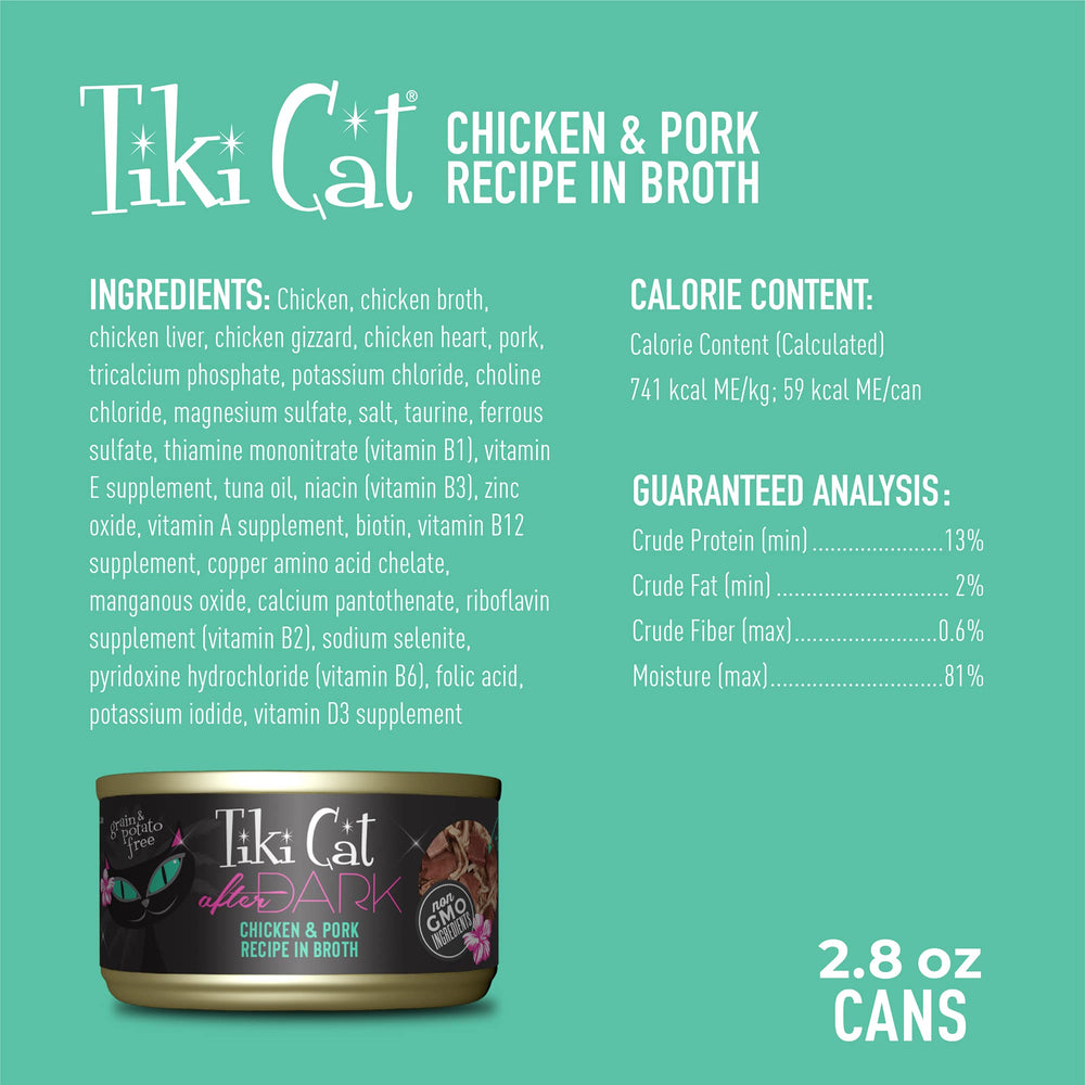 Tiki Cat After Dark sans céréales poulet et porc pour alimentation naturelle.