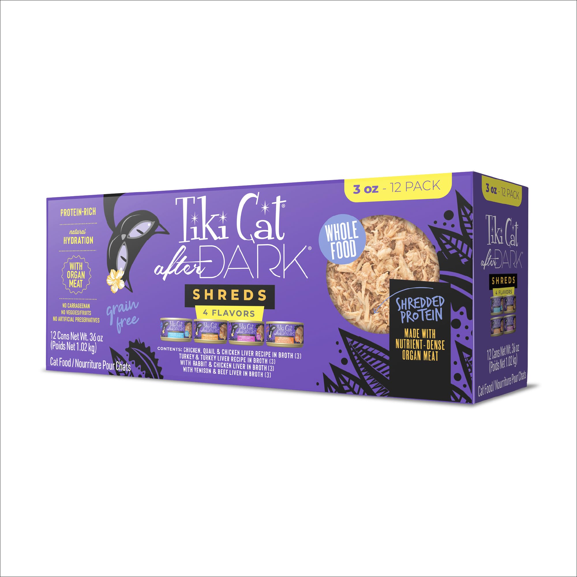 Tiki Cat After Dark Shreds en boîte 3oz ouverte, protéines riches et saveur carnée.