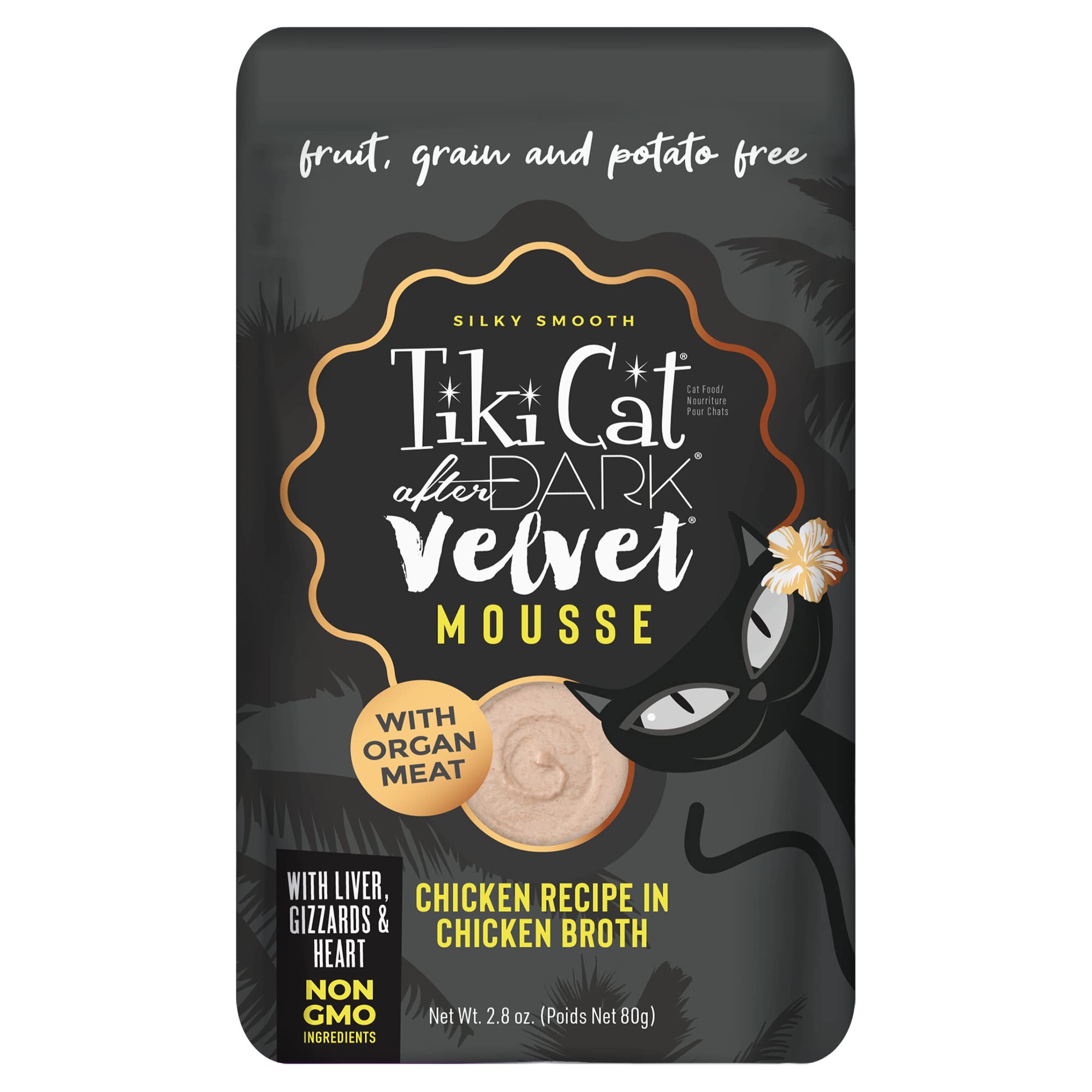 Tiki Cat After Dark Velvet Mousse poulet-bouillon, texture veloutée.