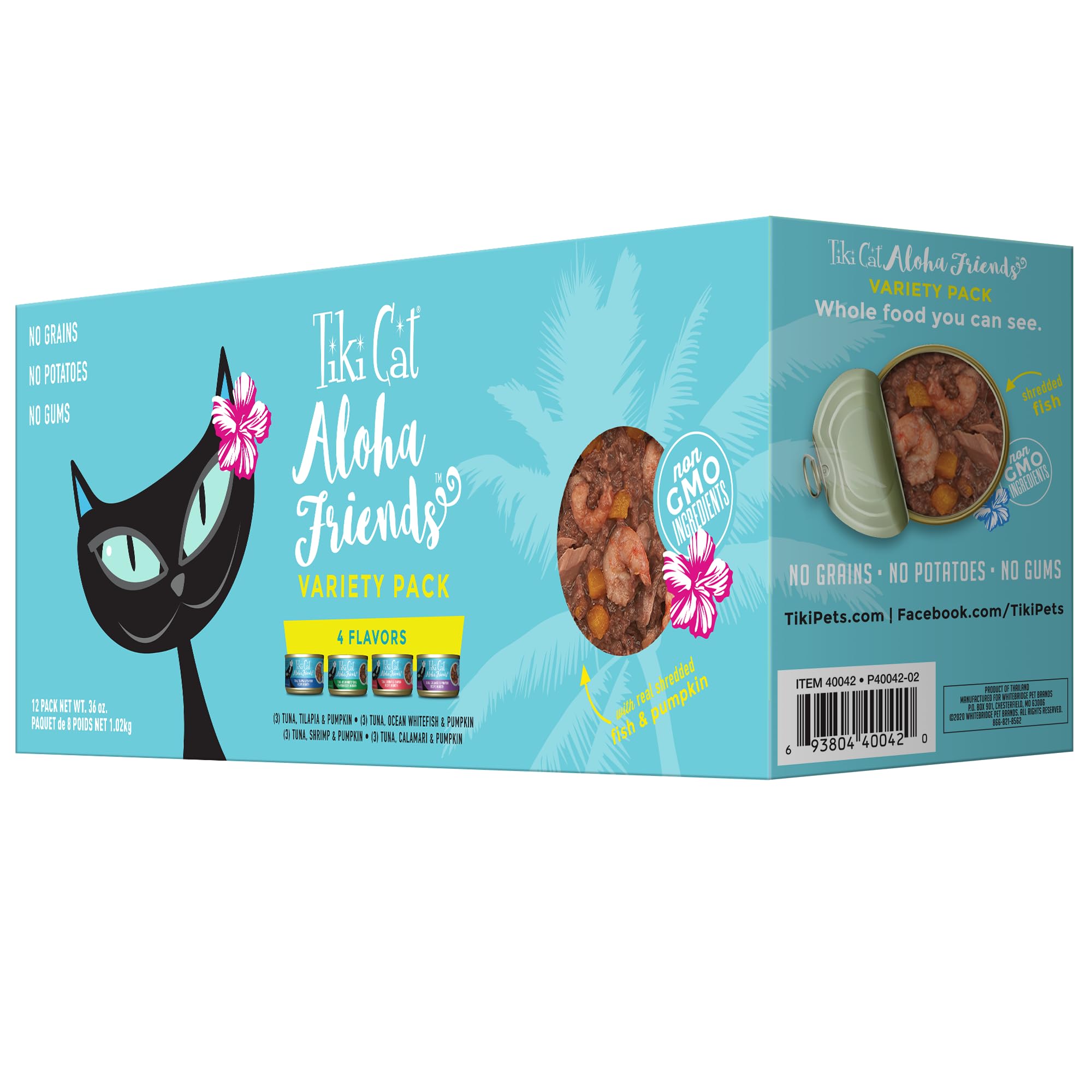Tiki Cat Aloha Friends en boîtes poisson, repas humide riche en protéines pour chats actifs.