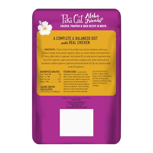 Tiki Cat Aloha Friends – sachet poulet-potiron-canard, texture humide adaptée à l'alimentation.