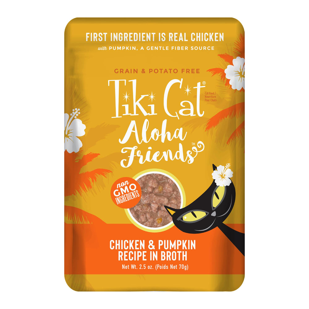Tiki Cat Aloha Friends — sachet humide poulet et potiron, hydratation élevée pour chat.