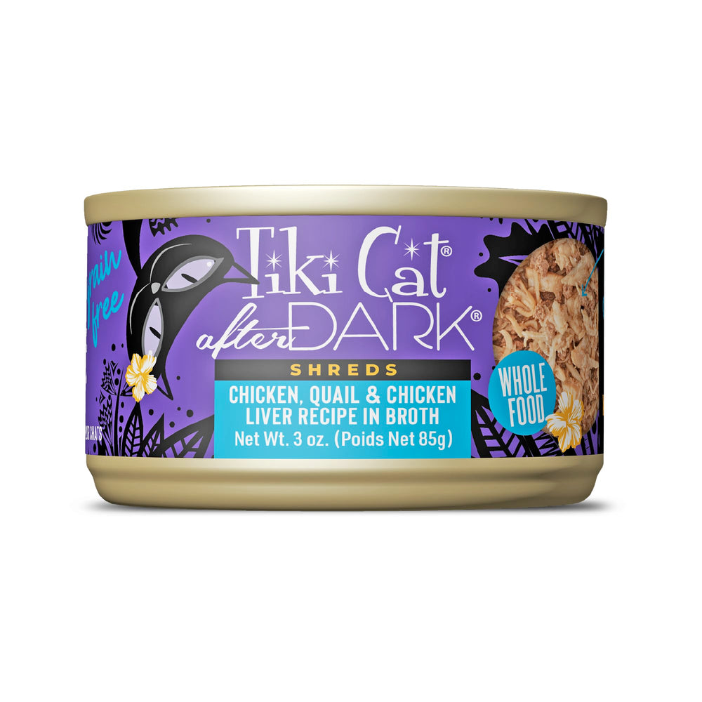 Tiki Cat Après la Nuit – morceaux effilés poulet, caille et foie en conserve, riche en protéines.