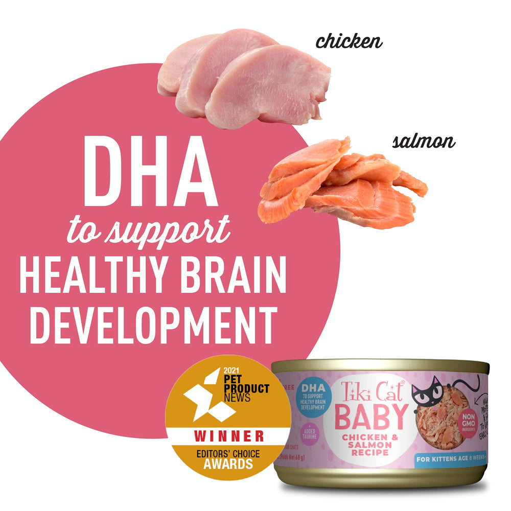 DHA inclus dans Tiki Cat Baby pour un développement cérébral potentiel.