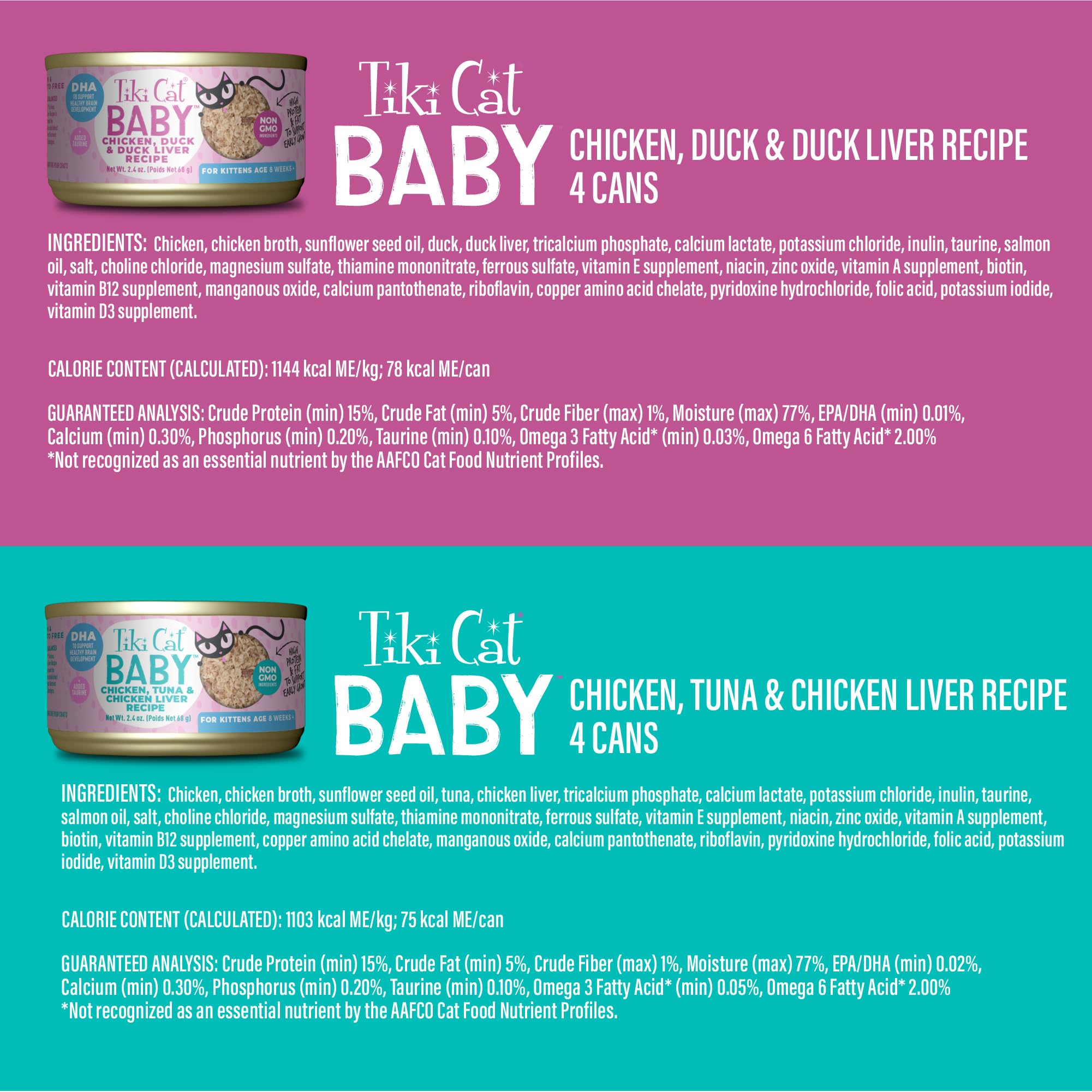 Tiki Cat Baby Favorites, acides gras oméga-3 et prébiotiques intégrés, soutien potentiel pour le développement.