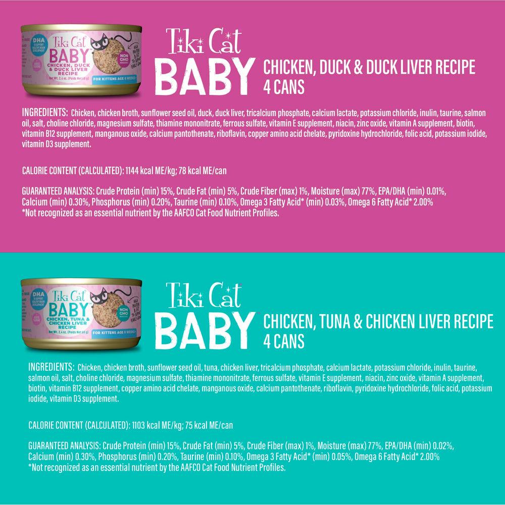 Tiki Cat Baby Favorites, acides gras oméga-3 et prébiotiques intégrés, soutien potentiel pour le développement.