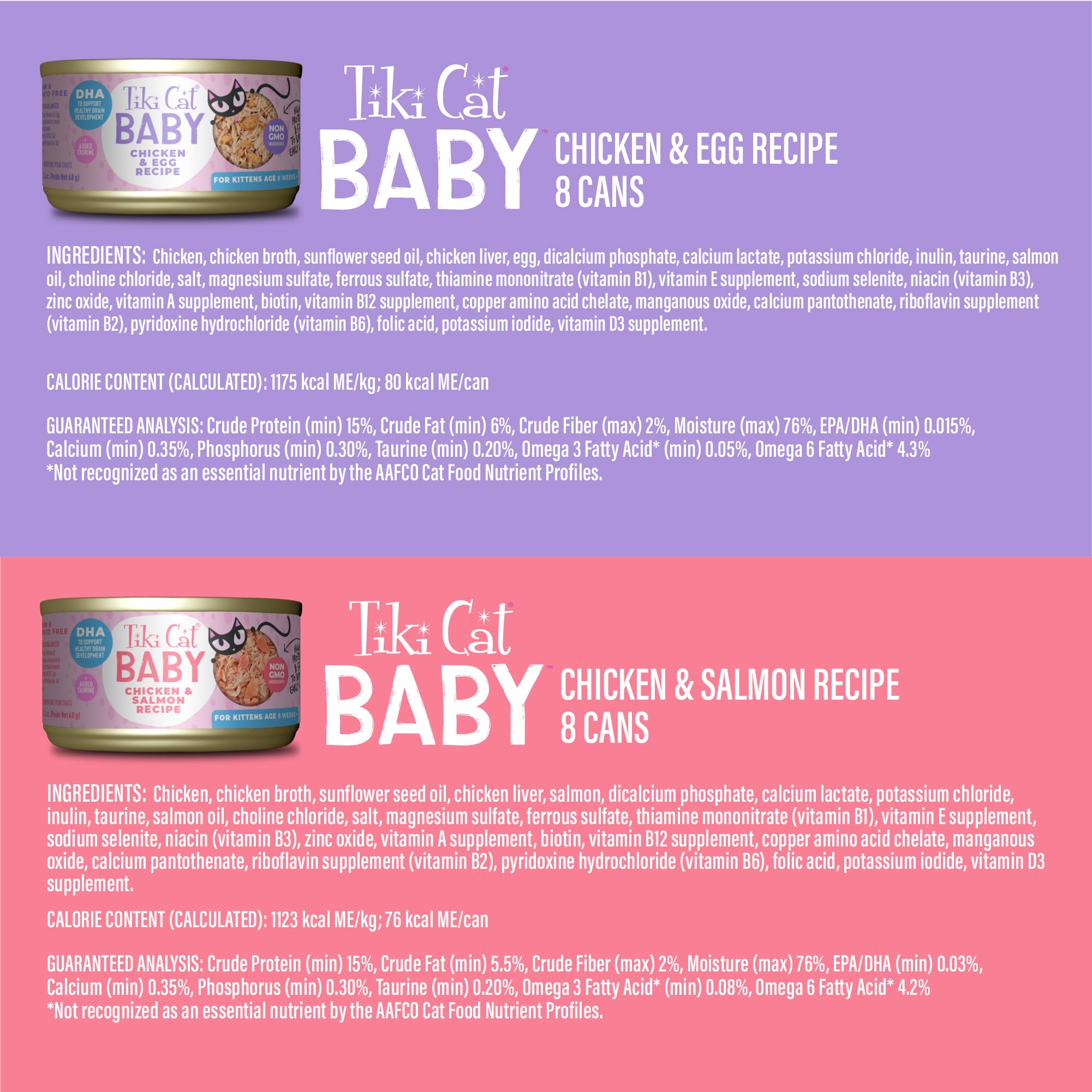 Tiki Cat Baby Favorites, aliments entiers hachés, faciles à mâcher pour chatons en croissance.