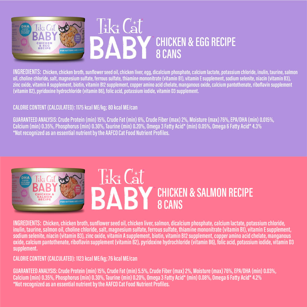Tiki Cat Baby Favorites, aliments entiers hachés, faciles à mâcher pour chatons en croissance.